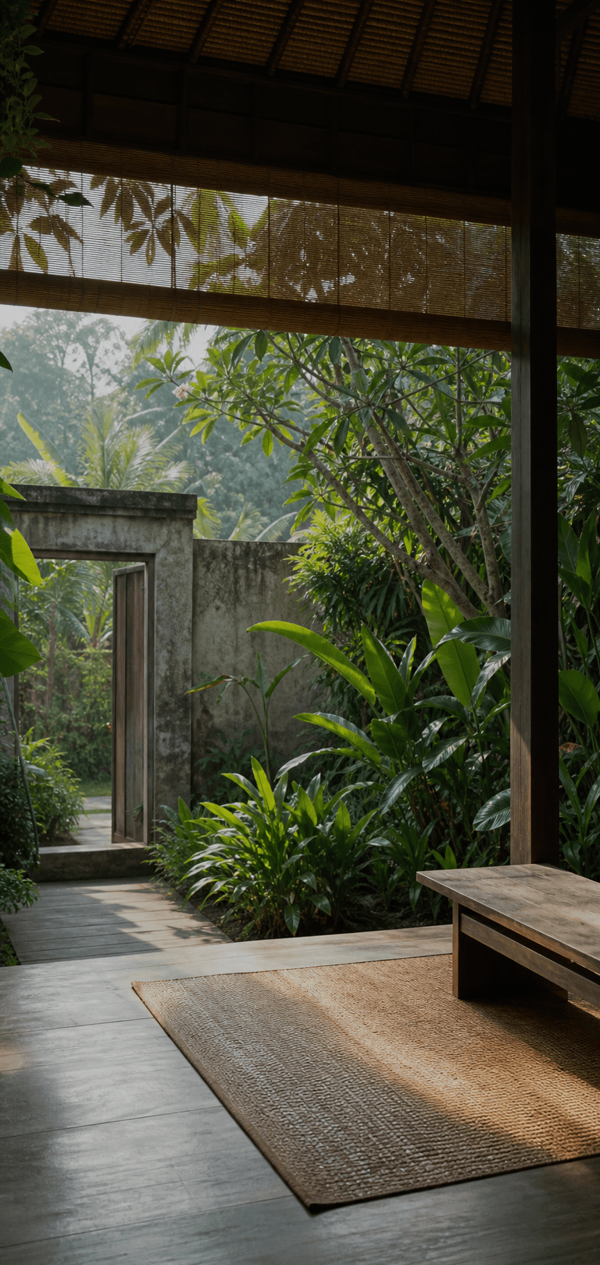 A quiet open-air pavilion surrounded by tropical greenery in Bali